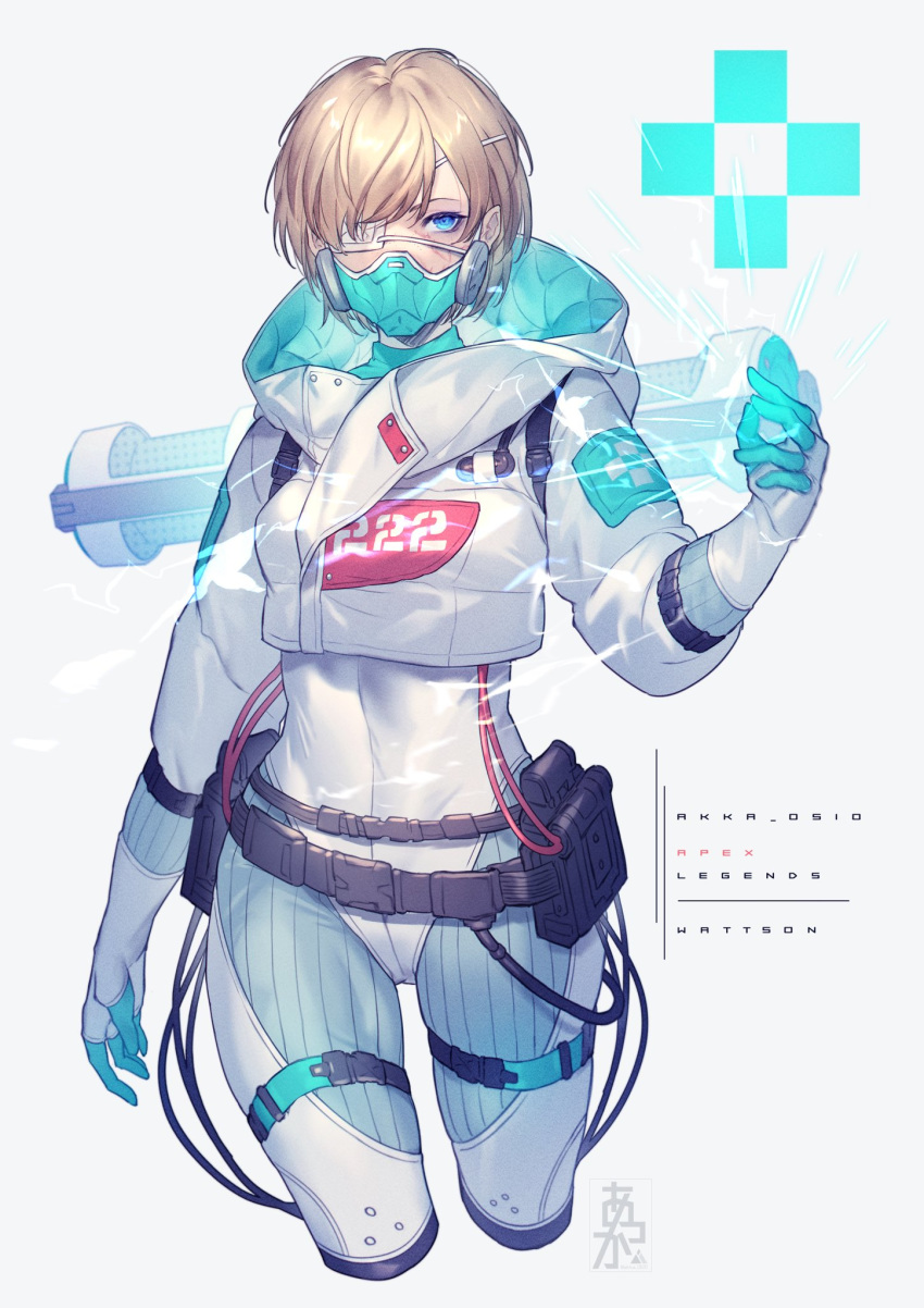 animification apex_legends belt blonde_hair blue_eyes breasts commentary_request cosplay eyepatch female gloves hair_over_one_eye highres hood hood_down jacket long_sleeves looking_at_viewer mask mizutama_(mao11260510) mouth_mask pouch quarantine_722_wraith short_hair simple_background smile solo thigh_strap upper_body wattson_(apex_legends) white_background white_jacket wraith_(apex_legends) wraith_(apex_legends)_(cosplay)