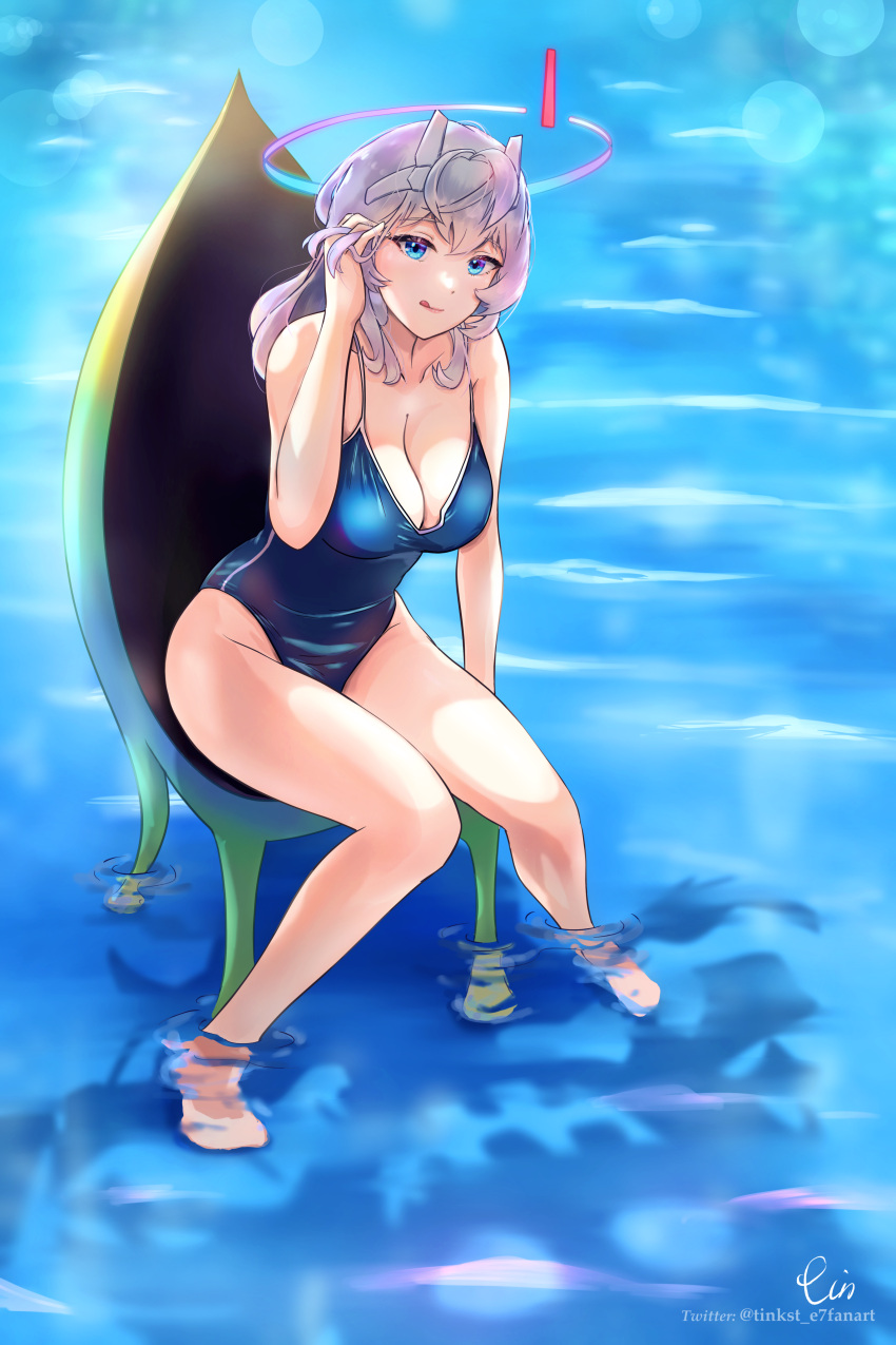 absurdres ahoge android bare_shoulders barefoot belian_(epic_seven) blue_eyes blue_one-piece_swimsuit breasts chair cleavage collarbone english_commentary epic_seven female grey_hair halo hand_on_own_head highres large_breasts lens_flare licking_lips long_hair looking_at_viewer one-piece_swimsuit sidelocks soaking_feet swimsuit tinkst tongue tongue_out water