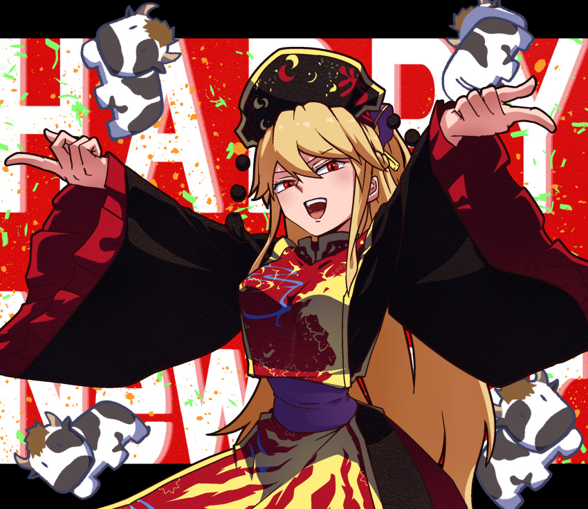 absurdres blonde_hair bovine chinese_clothes chinese_zodiac commentary_request confetti cowboy_shot crescent female happy_new_year hat highres junko_(touhou) kikoka_(mizuumi) long_hair looking_at_viewer new_year open_mouth outstretched_arms pointing red_eyes sash solo spread_arms tabard teeth touhou upper_teeth_only very_long_hair wide_sleeves year_of_the_ox