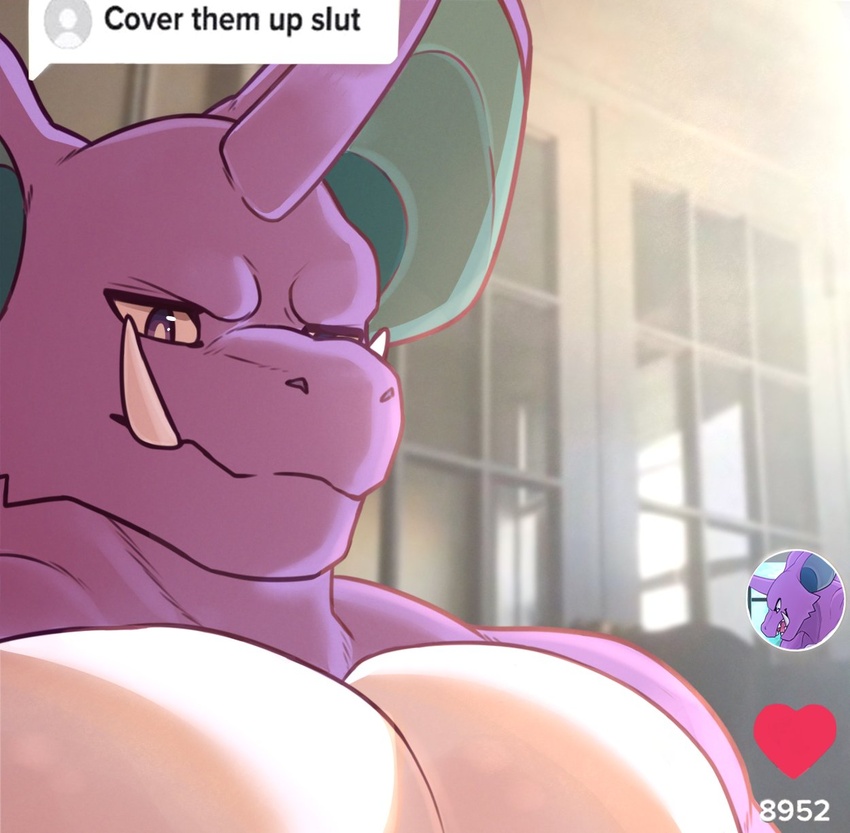 2022 anthro big_ears big_pecs cover_them_up_slut digital_media_(artwork) draw_over english_text generation_1_pokemon green_inner_ear hi_res horn male meme multicolored_body muscular muscular_anthro muscular_male nidoking nintendo orionsmaniac_(artist) pecs photo_background photography_(artwork) pokemon pokemon_(species) purple_body purple_eyes solo teeth text tusks white_body