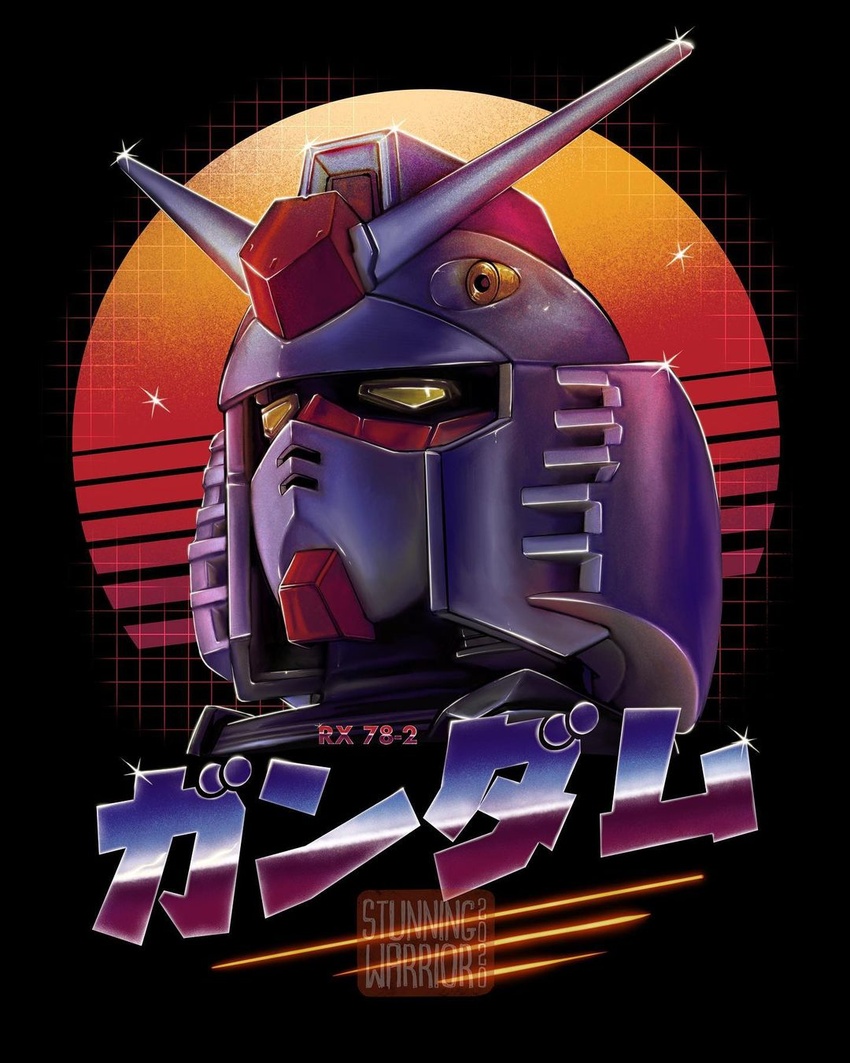 1980s_(style) artist_name character_name english_commentary gundam head_only highres looking_up mecha mobile_suit_gundam no_humans retro_artstyle robot rx-78-2 science_fiction shiny solo stunning_warrior v-fin watermark yellow_eyes