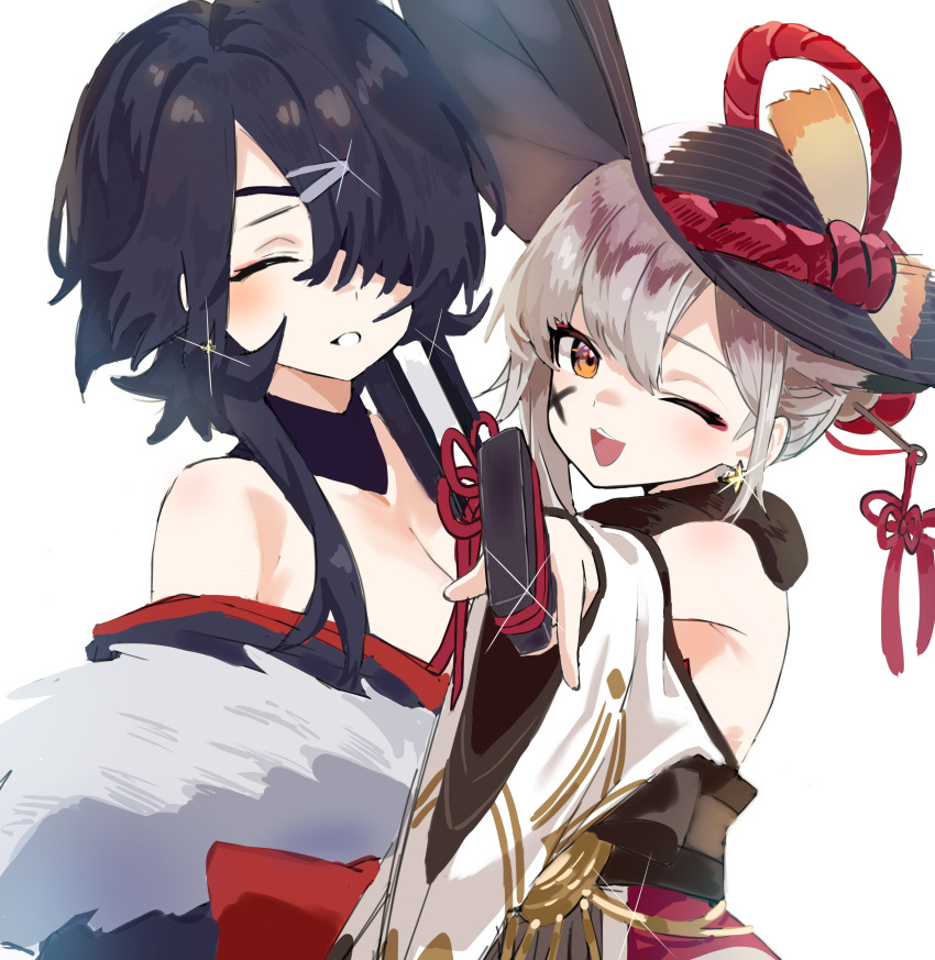 2girls absurdres azur_lane black_hair closed_eyes commentary_request earrings georgia_(azur_lane) georgia_(exalted_vibrance)_(azur_lane) grey_hair hair_ornament hair_over_one_eye hand_fan hat highres japanese_clothes jewelry kimono kirari_(kira_rin9) looking_at_viewer multiple_girls official_alternate_costume one_eye_closed simple_background suzutsuki_(azur_lane) suzutsuki_(suzutsuki_hanetsuki_adept!)_(azur_lane) white_background yellow_eyes