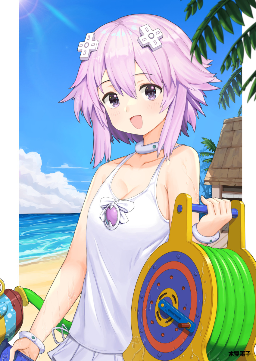 blush choker crossover d-pad d-pad_hair_ornament female hair_ornament highres hose jupiterbark looking_at_viewer neptune_(neptunia) neptune_(series) open_mouth outdoors purple_eyes purple_hair senran_kagura senran_kagura_peach_beach_splash shirt short_hair solo wet white_shirt