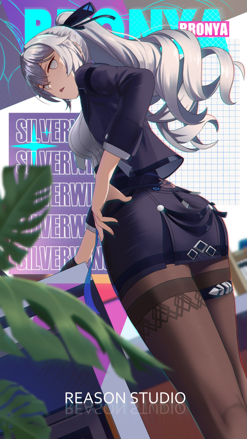 absurdres black_jacket black_pantyhose black_skirt blazer breasts bronya_zaychik bronya_zaychik_(outstanding_attitude)_(honkai_impact) bronya_zaychik_(silverwing:_n-ex) character_name commentary cruzvu drill_hair dutch_angle empty_eyes english_text female from_behind from_below grey_eyes grey_hair grey_sweater hand_on_own_hip highres honkai_(series) honkai_impact_3rd jacket kneepits long_hair long_sleeves looking_back miniskirt no_pupils office_lady official_alternate_costume open_mouth pantyhose ponytail ribbed_sweater skirt solo sweater symbol-only_commentary thighband_pantyhose triangle_mouth twin_drills