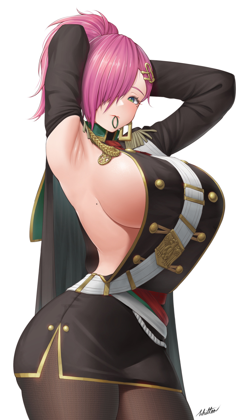 absurdres aiguillette armpits arms_behind_head arms_up ass azur_lane black_cape black_jacket black_pantyhose black_skirt breasts buttons cape commentary cowboy_shot double-breasted epaulettes female green_eyes hair_between_eyes hair_ornament hair_over_one_eye hair_tie hair_tie_in_mouth hairclip highres jacket large_breasts long_hair long_sleeves looking_at_viewer military military_uniform miniskirt mole mole_on_body mole_under_eye mouth_hold neckerchief no_bra pantyhose pencil_skirt pink_hair ponytail presenting_armpit red_neckerchief revealing_clothes sideboob sidelocks signature simple_background skirt solo standing trieste_(azur_lane) tying_hair uniform white_background whitter