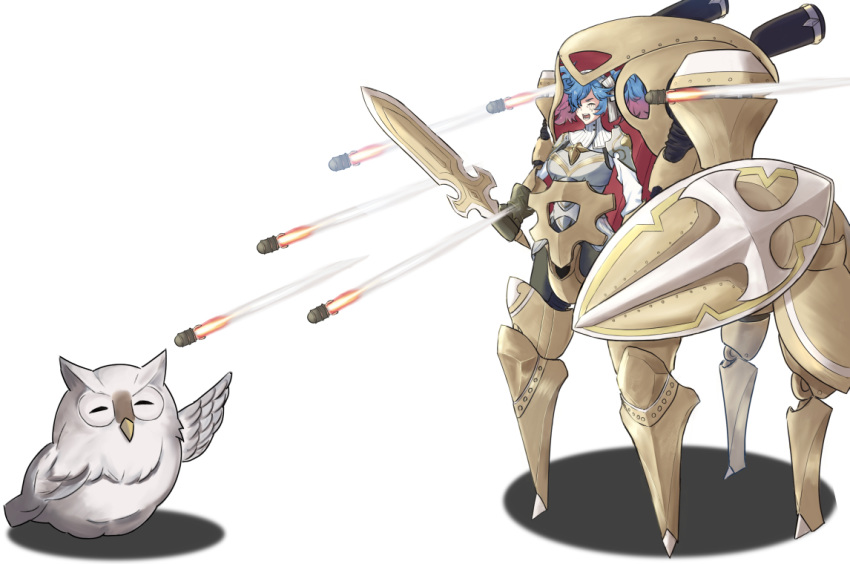 armor bird blue_hair breastplate breasts centauroid closed_eyes commentary_request cosplay exoskeleton eyeshadow feh_(fire_emblem_heroes) female fire_emblem fire_emblem_fates fire_emblem_heroes full_body gloves gradient_hair hair_over_one_eye holding holding_shield holding_sword holding_weapon jacket long_hair long_sleeves makeup medium_breasts missile multicolored_hair open_mouth owl pantyhose peri_(fire_emblem) pink_hair reginn_(fire_emblem) reginn_(fire_emblem)_(cosplay) runny_makeup shadow shield shoulder_armor sidelocks simple_background standing sword taur teeth twintails two-tone_hair vand356 weapon white_background white_jacket