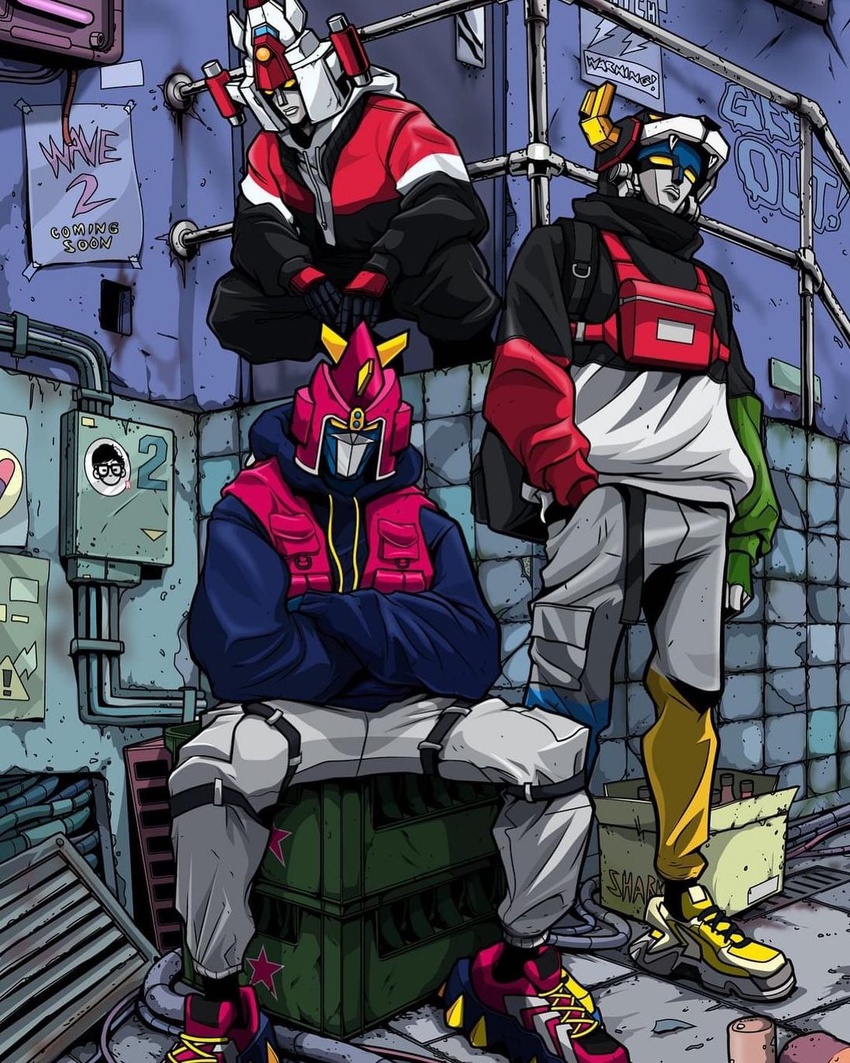 blue_hoodie choudenji_machine_voltes_v clothed_robot crossed_arms crossover daimos fashion golion_(mecha) hand_in_pocket highres hood hoodie hyakujuu-ou_golion jacket kensuke_creations looking_down looking_up mecha multiple_crossover no_humans pants red_vest robot shoes sneakers squatting streetwear super_robot sweatpants toushou_daimos track_jacket vest voltes_v_(mecha) voltron_(mecha) voltron_(series)