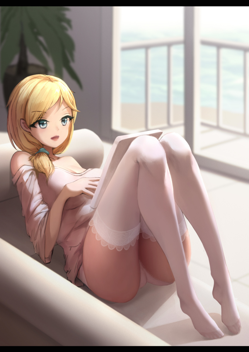 absurdres bed blonde_hair blue_eyes breasts female hair_ornament hairclip highres long_hair looking_away lying no_shoes notepad on_back on_bed open_mouth panties pantyshot rodney_(warship_girls_r) shirt simple_background solo thighhighs underwear warship_girls_r white_panties white_shirt white_thighhighs xueci