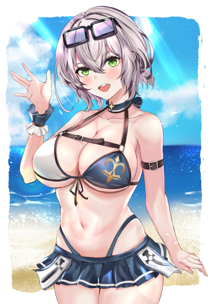 :d absurdres arm_belt bare_shoulders beach bikini bikini_skirt blue_bikini blue_collar blue_skirt blue_sky blush braid breasts chest_belt cleavage cloud collar collarbone commentary cowboy_shot crossed_bangs day eyewear_on_head female glasses green_eyes grey_hair hair_between_eyes hand_up highres hololive large_breasts lens_flare light_rays looking_at_viewer ltsum midriff miniskirt navel no_mole ocean open_mouth outdoors pleated_skirt shirogane_noel shirogane_noel_(summer_2020) short_hair sidelocks skindentation skirt sky smile solo standing sunbeam sunlight swimsuit teeth two-tone_bikini underboob upper_teeth_only virtual_youtuber wavy_hair white_bikini wrist_cuffs