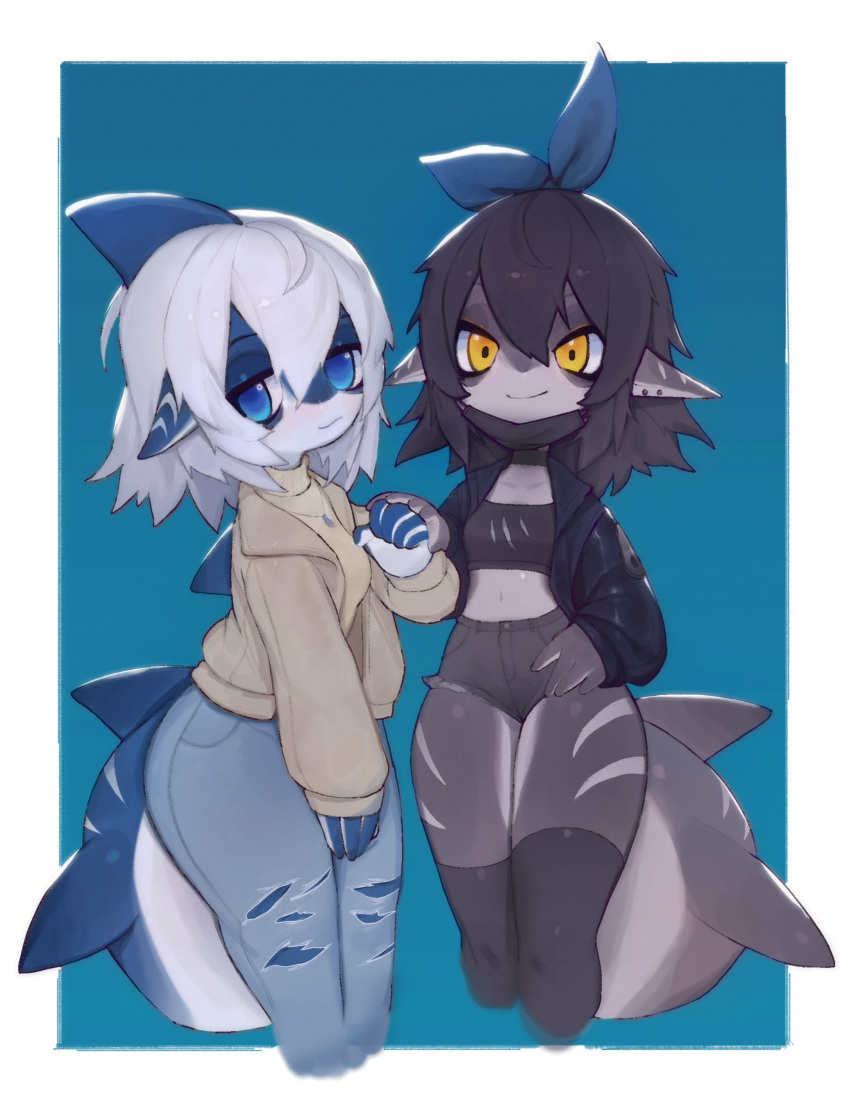 2girls absurdres black_hair blue_eyes border english_commentary furry furry_female highres multiple_girls shark short_hair uyu_(soda_uyu) white_border white_hair yellow_eyes