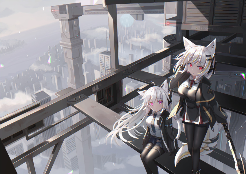 2girls absurdres animal_ear_fluff animal_ears axe black_legwear blonde_hair breasts building cat_ears cat_girl cat_tail city cityscape expressionless fox_ears fox_girl fox_tail headgear highres jacket large_breasts long_hair long_sleeves miniskirt mirufuaa multicolored_hair multicolored_tail multiple_girls open_clothes open_jacket original pantyhose parted_lips purple_eyes red_eyes shirt short_hair sitting skirt tail two-tone_hair weapon white_hair