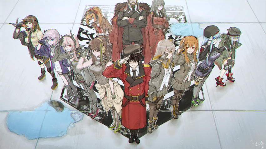 2boys 404_(girls'_frontline) 6+girls alcohol anti-rain_(girls'_frontline) armband beard beret berezovich_kryuger_(girls'_frontline) black_footwear black_hair black_pantyhose black_ribbon black_thighhighs blue_eyes blunt_bangs boots braid breasts brown_eyes brown_hair closed_mouth commander_(girls'_frontline) commentary_request dress drinking expressionless eyepatch eyewear_on_head facial_hair fingerless_gloves full_body g11_(girls'_frontline) girls'_frontline gloves green_eyes green_hair green_jacket grey_hair griffin_&_kryuger griffin_&_kryuger_military_uniform grin hair_between_eyes hair_ornament hair_ribbon hairclip hat headgear headphones headset helianthus_(girls'_frontline) highres hk416_(girls'_frontline) jack_daniel's jacket kalina_(girls'_frontline) knee_pads long_hair long_sleeves m16a1_(boss)_(girls'_frontline) m16a1_(girls'_frontline) m4_sopmod_ii_(girls'_frontline) m4a1_(girls'_frontline) mask military military_jacket military_uniform monocle multicolored_hair multiple_boys multiple_girls necktie nose_bubble one_side_up orange_hair panties pantyhose pantyshot pantyshot_through_reflection peagunz pink_hair plaid plaid_skirt puddle red_eyes red_jacket reflection ribbon salute scar scar_across_eye scar_on_face scrunchie serious shirt shoes short_hair side_ponytail sidelocks single_thighhigh skirt skull_mask sleeping sleeping_upright smile sneakers st_ar-15_(girls'_frontline) standing streaked_hair sunglasses thighhighs twintails ump45_(girls'_frontline) ump9_(girls'_frontline) underwear uniform white_shirt yellow_armband yellow_eyes