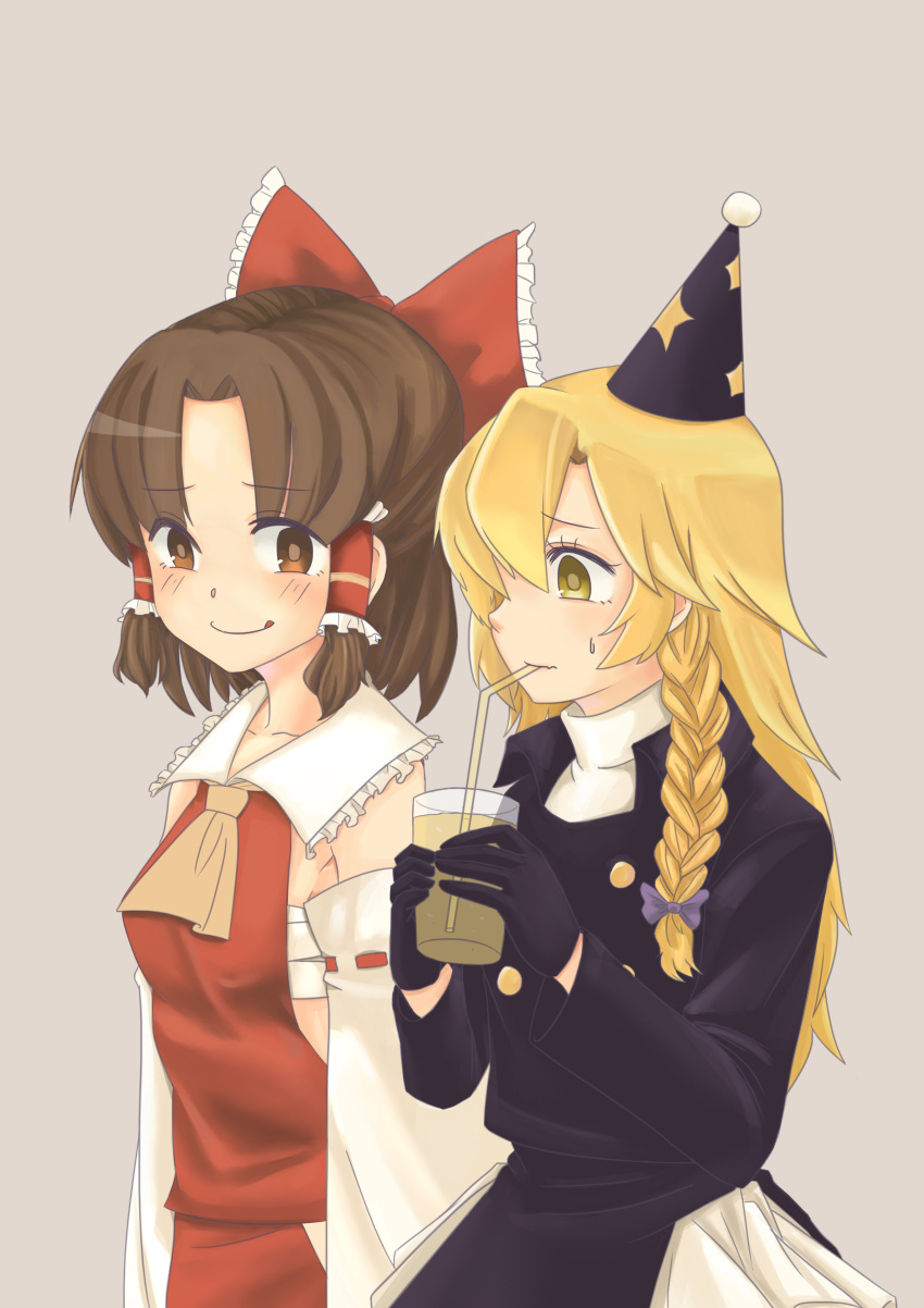 2girls :q absurdres benikurage_(cookie) big_mouse black_gloves black_jacket blonde_hair blush bow braid breasts brown_eyes brown_hair closed_mouth commentary_request cookie_(touhou) cowboy_shot cup detached_sleeves drinking_straw frilled_bow frilled_hair_tubes frills gloves grey_background hair_between_eyes hair_tubes hairbow hakurei_reimu hat highres holding holding_cup jacket kirisame_marisa long_hair long_sleeves looking_at_another medium_hair multiple_girls parted_bangs party_hat purple_bow red_bow red_shirt rei_(cookie) ribbon-trimmed_sleeves ribbon_trim sarashi shirt side_braid simple_background single_braid sleeveless sleeveless_shirt small_breasts smile tongue tongue_out touhou white_shirt white_sleeves yellow_eyes