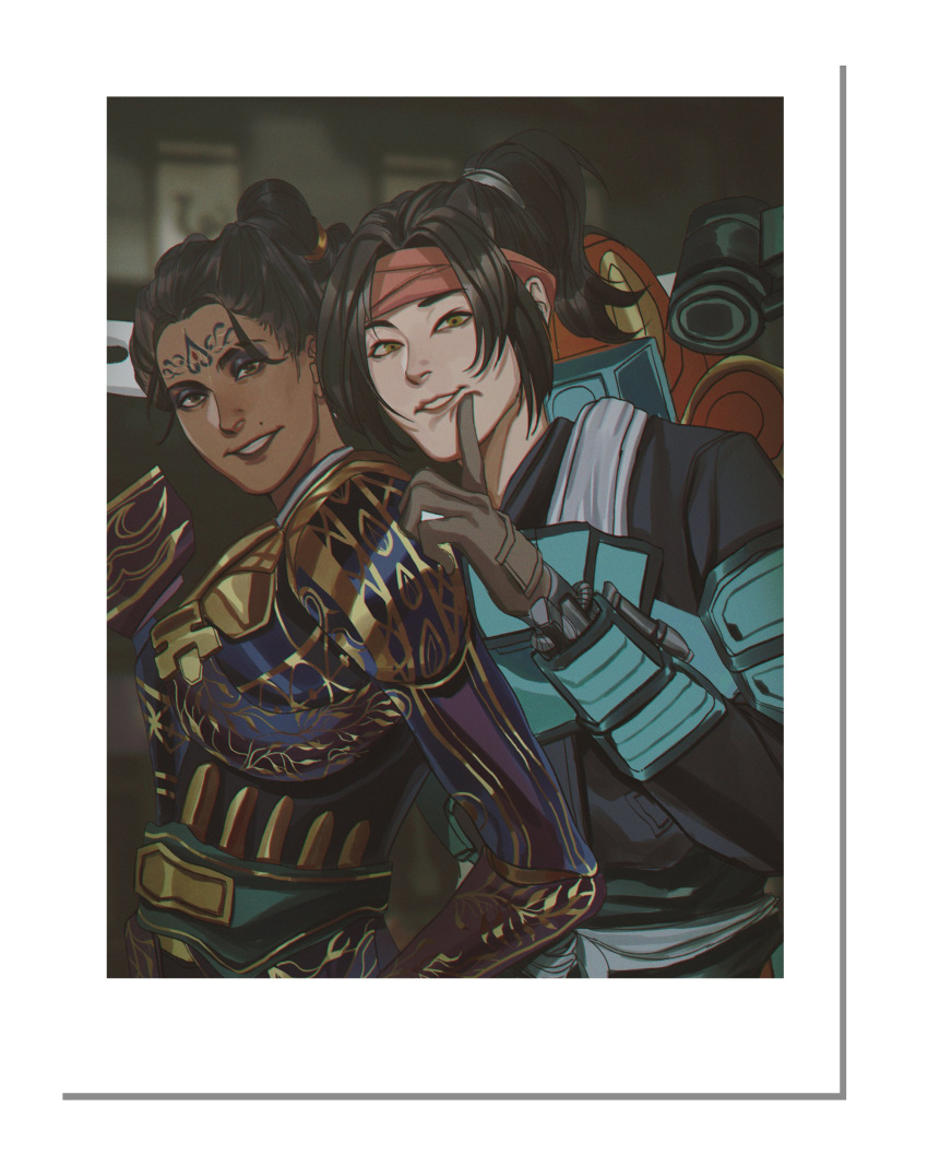 2girls absurdres apex_legends armor black_shirt blue_eyeshadow brown_gloves cloud_marauder_valkyrie commission dark-skinned_female dark_skin english_commentary eyeshadow facial_mark finger_to_cheek forehead_mark gloves hair_behind_ear head_tilt highres makeup metallic_dreams_rampart mole mole_above_mouth multiple_girls myka official_alternate_costume parted_bangs parted_lips photo_(object) ponytail rampart_(apex_legends) shirt smile valkyrie_(apex_legends) yellow_eyes