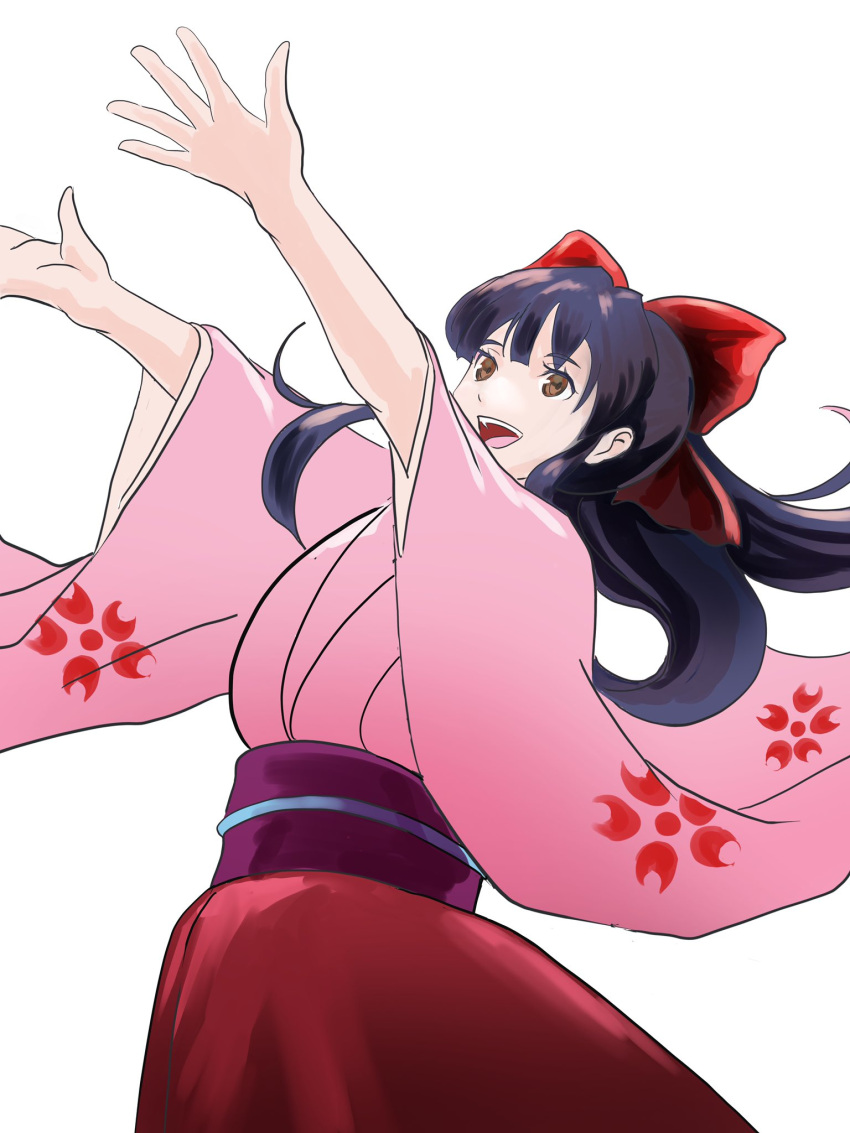 :d arms_up black_hair bow brown_eyes commentary_request female hairbow highres japanese_clothes kimono long_hair looking_up meke_(77842928) ponytail red_bow sakura_taisen shinguuji_sakura smile solo