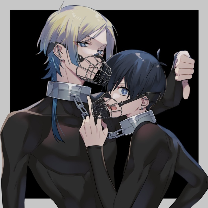 2boys black_background black_hair blue_eyes blue_hair blue_lock border closed_mouth collar commentary_request grey_border isagi_yoichi looking_at_viewer male_focus medium_hair metal_collar michael_kaiser middle_finger multicolored_hair multiple_boys muzzle open_mouth shirt tabizou thumbs_down tight_clothes tight_shirt unhappy white_hair