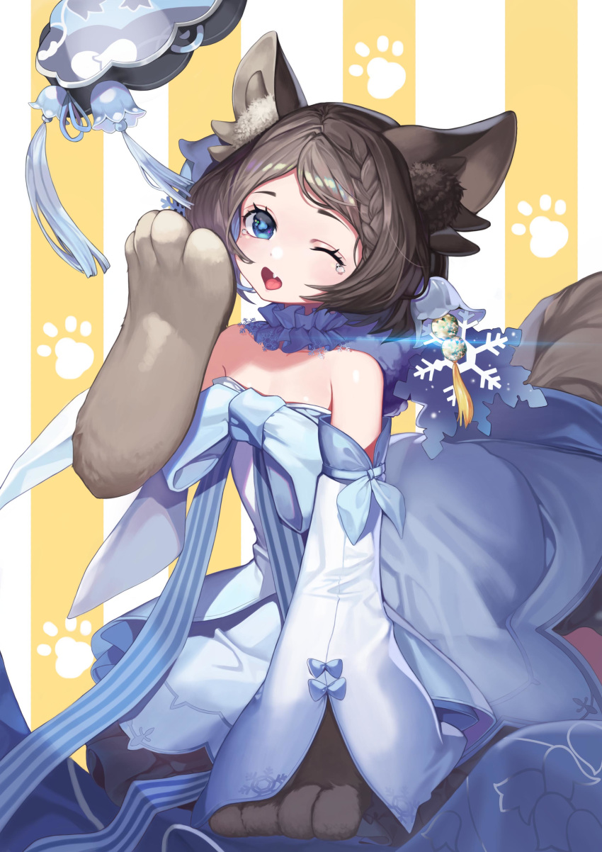 absurdres animal_ears animal_hands blue_dress blue_eyes brown_hair cat_ears cat_girl cat_paws cat_tail chicken_(dalg-idalg) dress female forever_7th_capital highres korean_commentary looking_at_viewer one_eye_closed open_mouth shiro_(forever_7th_capital) short_hair simple_background sitting solo tail tears yawning