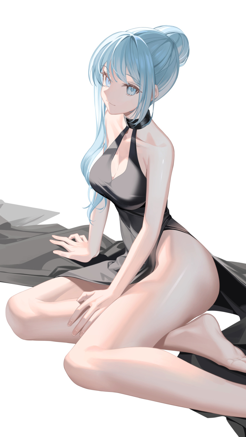 arm_support asymmetrical_bangs barefoot black_dress blue_eyes blue_hair breasts collarbone commission dress feet female foot_out_of_frame hair_bun highres legs long_hair looking_at_viewer medium_breasts no_panties original shiny_skin single_hair_bun sitting smile soles solo toes tsuki-shigure white_background yokozuwari