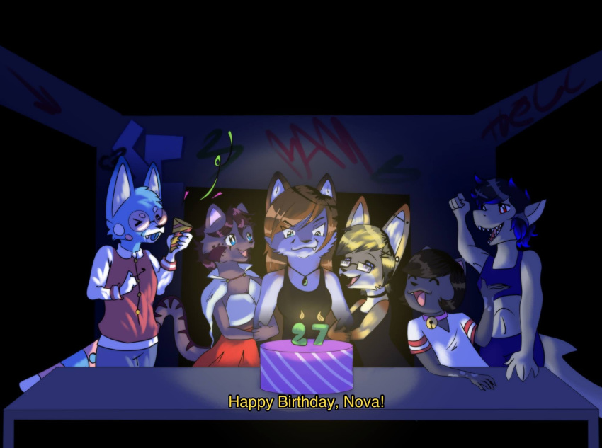 ally_cat_(character) anime_style anthro bell bell_collar birthday_party black_body black_fur black_hair blep blonde_hair blue_body blue_eyes blue_fur bottomwear bra brown_hair cake candle canid canine cape clothing collar costume dessert domestic_cat ear_piercing eyewear felid feline felis female fennec_fox fish food fox fur furniture glasses gloves_(marking) graffiti grey_body grey_fox grey_fur group hair hi_res industrial_piercing jackie_schmitfaust julie_chirpster liminal_spaces male mammal marine markings no_fur nova_era piercing purple_hair quiet_lyric red_body red_eyes red_fur shark shirt skirt sports_bra table tank_top teeth tongue tongue_out topwear true_fox underwear urocyon v-neck_shirt white_body white_fur