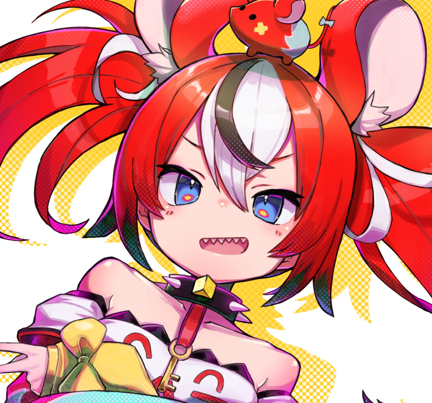 animal_ears blue_eyes bongnom collar female hakos_baelz hakos_baelz_(1st_costume) highres hololive hololive_english looking_at_viewer mouse_ears mouse_girl mr._squeaks_(hakos_baelz) multicolored_hair red_hair sharp_teeth spiked_collar spikes teeth twintails virtual_youtuber