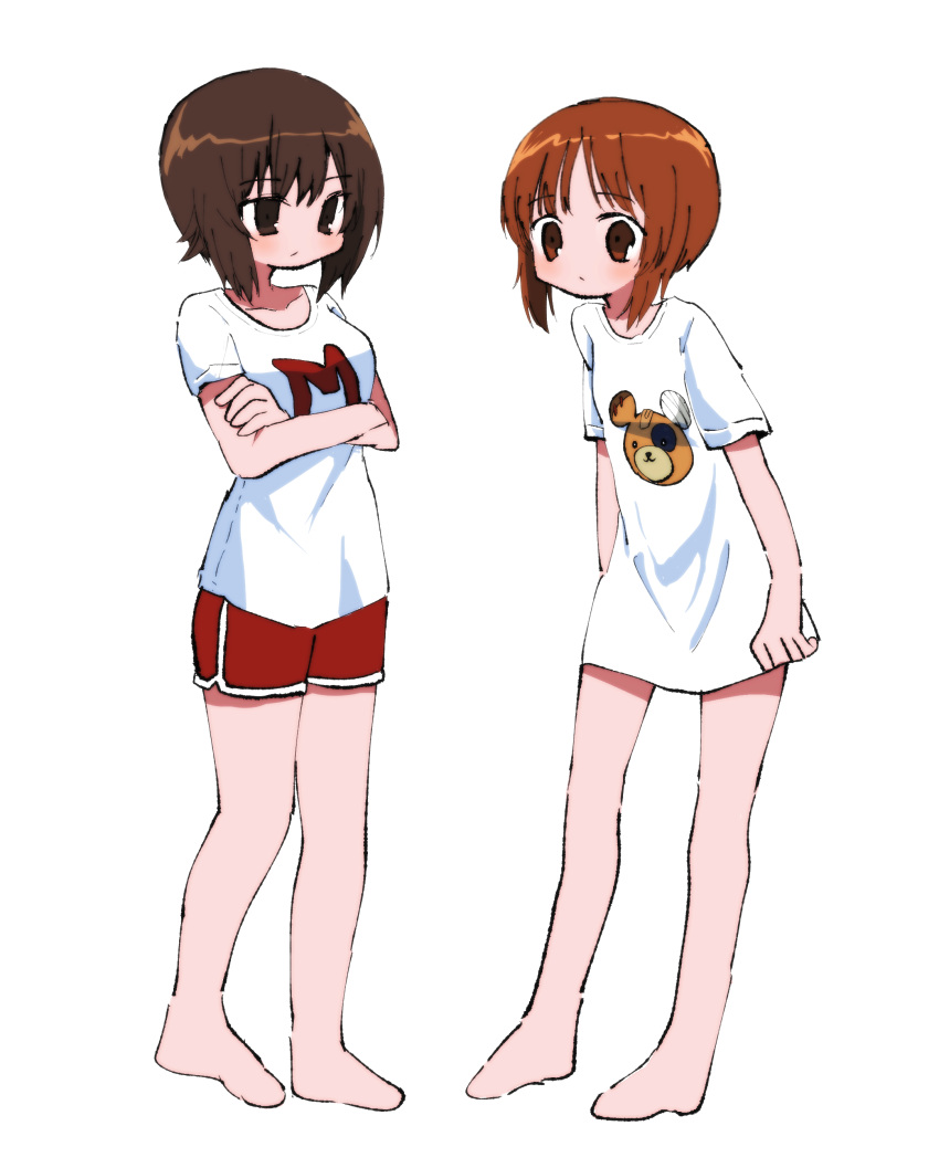 2girls absurdres barefoot boko_(girls_und_panzer) brown_eyes brown_hair closed_mouth commentary crossed_arms dolphin_shorts girls_und_panzer highres light_frown looking_at_another looking_at_viewer loungewear multiple_girls nishizumi_maho nishizumi_miho print_shirt red_shorts ri_(qrcode) shirt short_hair short_sleeves shorts siblings simple_background sisters standing t-shirt white_background white_shirt