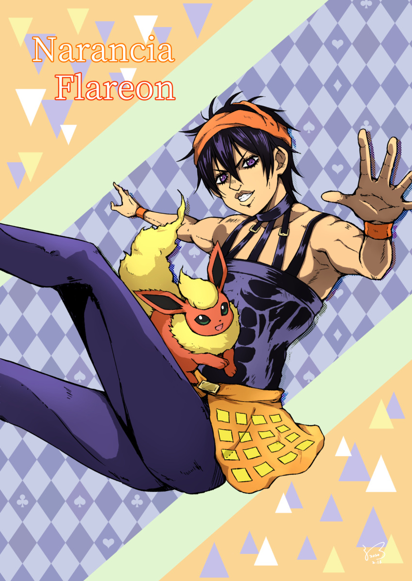 1boy argyle_background armpit_peek arms_up bare_shoulders black_eyes black_hair black_pants black_tank_top blue_hair blue_pants blue_tank_top clover club_(shape) commentary_request crossover flareon green_eyes grin headband heart highres jojo_no_kimyou_na_bouken kogawa_(kris_386k) male_focus narancia_ghirga orange_bracelet orange_headband orange_headwear orange_skirt pants pokemon pokemon_(creature) purple_eyes skirt smile spade_(shape) spaghetti_strap tail tank_top triangle