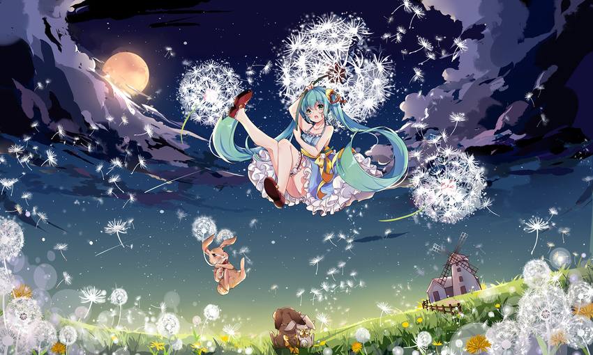 animal aqua_hair cloud commentary_request dandelion dandelion_clock dandelion_seed dawn dress female fence floating flower flying full_body full_moon grass green_eyes hatsune_miku long_hair moon natie_(latte) open_mouth oversized_flower panties post_and_rail_fence rabbit sky striped_clothes striped_panties twilight twintails underwear very_long_hair vocaloid white_flower windmill wooden_fence yellow_flower