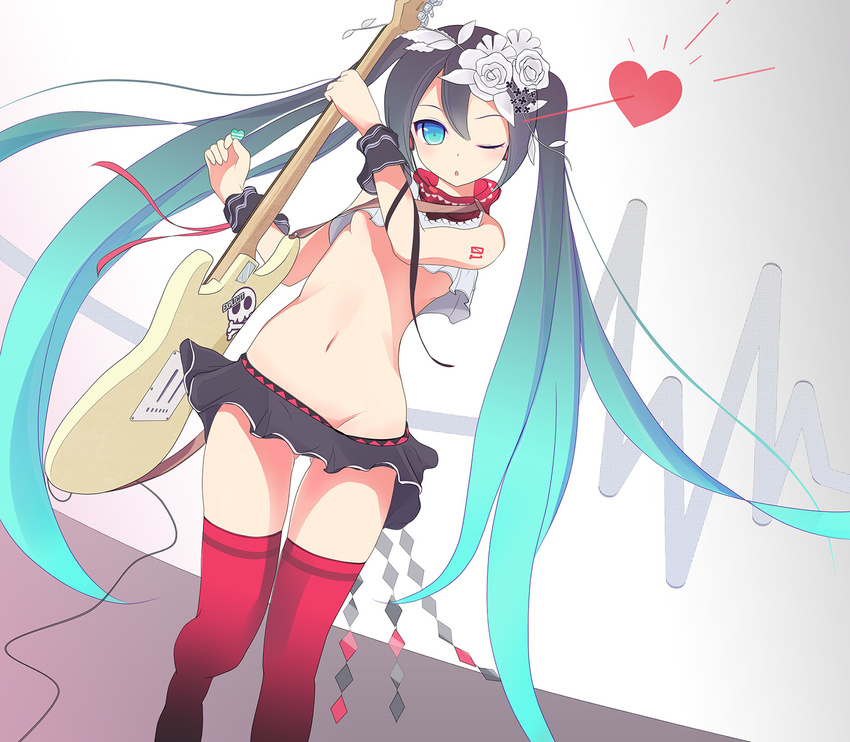 aqua_eyes bless_you_(module) breasts commentary_request electric_guitar female flower green_hair guitar gumo hair_flower hair_ornament hatsune_miku heart highres instrument long_hair midriff navel nisoku_hokou_(vocaloid) no_panties one_eye_closed photoshop_(medium) plectrum project_diva_(series) project_diva_f_2nd red_thighhighs skirt small_breasts solo thighhighs twintails underboob very_long_hair vocaloid