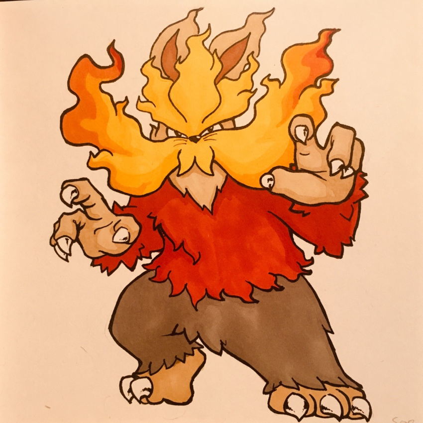 2019 3_toes 4_fingers alternate_color anthro anthrofied arm_tuft biped black_body black_eyes black_fur black_nose canid canine chest_tuft claws crotch_tuft elbow_tuft facial_hair fakemon feet fighting_pose fingers fire firefightdex flaming_fur fluffy front_view full-length_portrait fur fur_tuft generation_5_pokemon head_tuft hi_res long_mustache looking_at_viewer male mammal marco_fanjul marker_(artwork) mixed_media moustache multicolored_body multicolored_fur nintendo nude orange_body orange_fur pen_(artwork) plantigrade pokemon pokemon_(species) pokemorph portrait pose pseudo_clothing raised_heel red_body red_fur shadow simple_background solo spread_legs spreading standing stoutland tan_body tan_fur toe_claws toes toony traditional_media_(artwork) tuft white_background white_claws wide_stance yellow_body yellow_fur