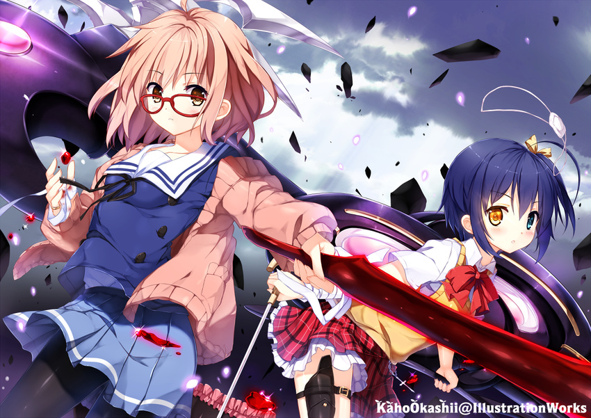 2girls black_hair blood_sword blue_eyes cardigan chuunibyou_demo_koi_ga_shitai! commentary_request company_connection crossover eyepatch glasses hemokinesis heterochromia icho_private_high_school_uniform kaho_okashii kuriyama_mirai kyoto_animation kyoukai_no_kanata medical_eyepatch multiple_girls one_side_up pantyhose pink_hair red-framed_eyewear school_uniform serafuku short_hair sword takanashi_rikka unworn_eyepatch weapon yellow_eyes