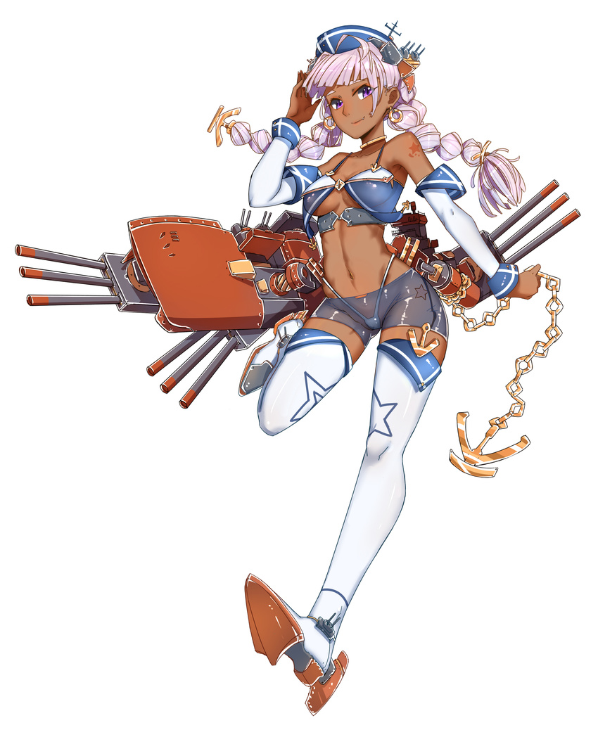 12cat absurdres ahoge anchor bare_shoulders braid breasts brooklyn_(warship_girls_r) cannon chains choker commentary_request dark-skinned_female dark_skin detached_sleeves earrings female full_body hat headgear highleg highleg_panties highres jewelry light_purple_hair long_hair looking_at_viewer machinery mecha_musume medium_breasts navel o'higgins_(warship_girls_r) oerba_yun_fang official_art panties purple_eyes rigging see-through shorts smile solo star_(symbol) star_print tattoo thighhighs twin_braids underboob underwear warship_girls_r white_background white_thighhighs