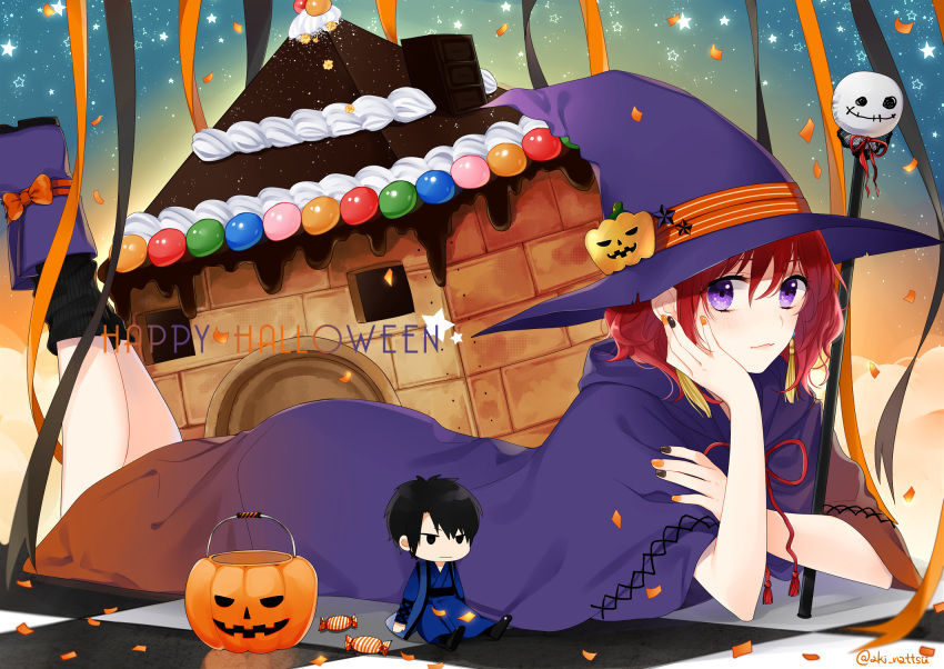 akatsuki_no_yona aki_nattsu black_legwear black_nails boots cape checkered_floor commentary_request female hair_between_eyes hak_(akatsuki_no_yona) happy_halloween hat highres jack-o'-lantern_hat_ornament looking_at_viewer lying multicolored_nails nail_polish neck_ribbon on_stomach orange_nails purple_cape purple_eyes purple_footwear purple_hat red_hair red_ribbon ribbon short_hair solo the_pose witch_hat yona_(akatsuki_no_yona)