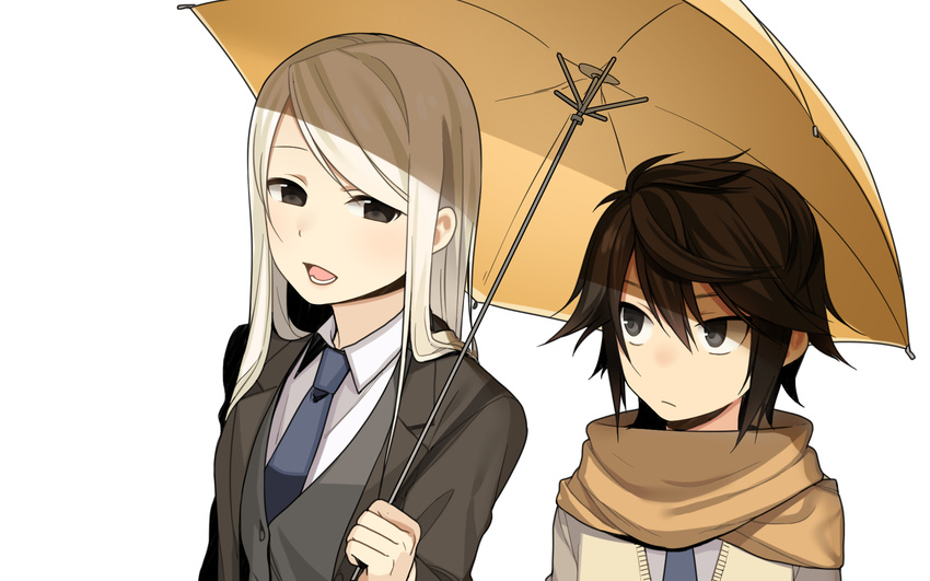 bad_id bad_pixiv_id banned_artist black_eyes blonde_hair brown_hair female formal highres long_hair mizuki_kiyoshi necktie open_mouth original scarf short_hair smile suit umbrella white_background white_hair