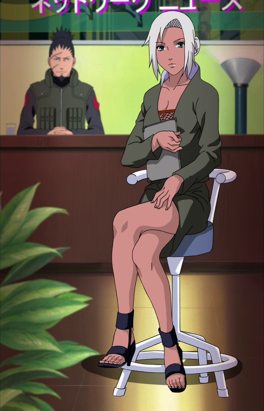 1boy black_hair breasts chair cleavage dark_skin feet female fishnets flak_jacket green_eyes legs legs_crossed looking_at_viewer mabui_(naruto) nara_shikaku naruto naruto_shippuuden ninja scar screencap silver_hair sitting stitched toes