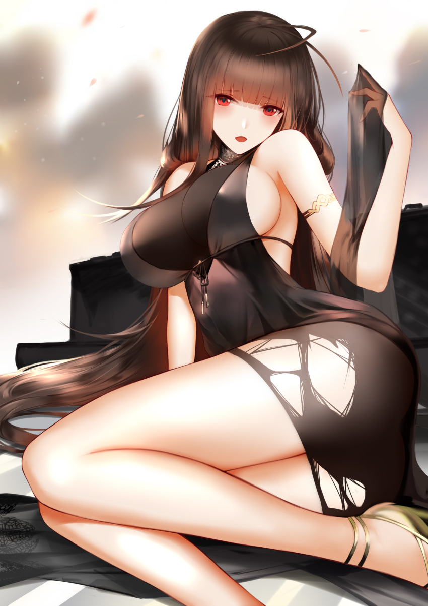 absurdres ahoge alternate_costume armlet ass bangs black_panties black_shawl blunt_bangs blush breasts brown_hair cleavage commentary dress dsr-50_(girls_frontline) eyebrows_visible_through_hair eyes_visible_through_hair female girls_frontline gold_footwear grey_background hair_between_eyes hand_up higandgk high_heels highres large_breasts long_hair looking_at_viewer open_mouth panties red_eyes see-through sideboob sitting smile solo thighs torn_clothes torn_dress two-tone_background underwear very_long_hair white_background