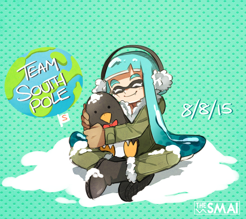 ._. alternate_costume aqua_hair artist_name bad_id bad_tumblr_id bird boots bow bowtie cheek-to-cheek closed_eyes commentary crossed_legs earmuffs female flag globe gloves heads_together hug indian_style inkling inkling_girl inkling_player_character long_hair penguin sami_briggs sitting smile snow splatoon_(series) splatoon_1 tentacle_hair thick_eyebrows