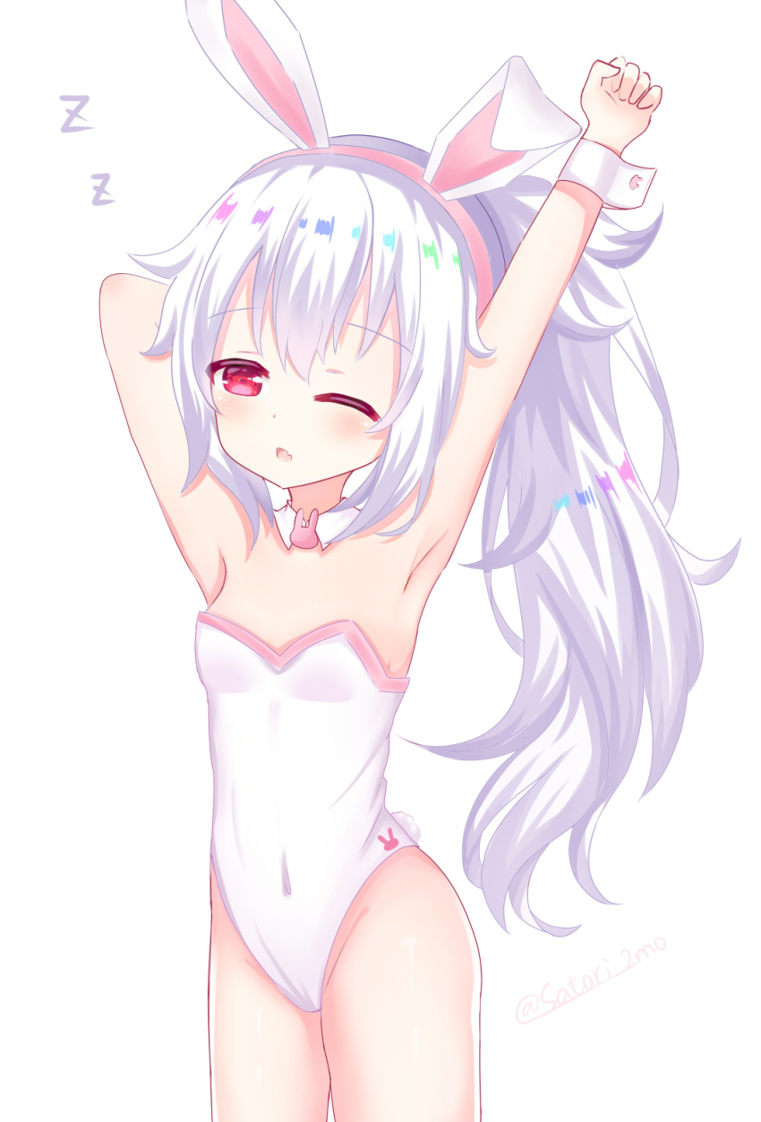 animal_ears arm_up armpits azur_lane bare_shoulders blush breasts commentary_request d; fake_animal_ears female groin hair_between_eyes highleg highleg_leotard highres laffey_(azur_lane) leotard long_hair oerba_yun_fang one_eye_closed open_mouth parted_lips playboy_bunny rabbit_ears rainbow_gradient red_eyes satori_(ymoy) side_ponytail sidelocks simple_background small_breasts solo strapless strapless_leotard very_long_hair white_background white_hair white_leotard white_theme wrist_cuffs zzz