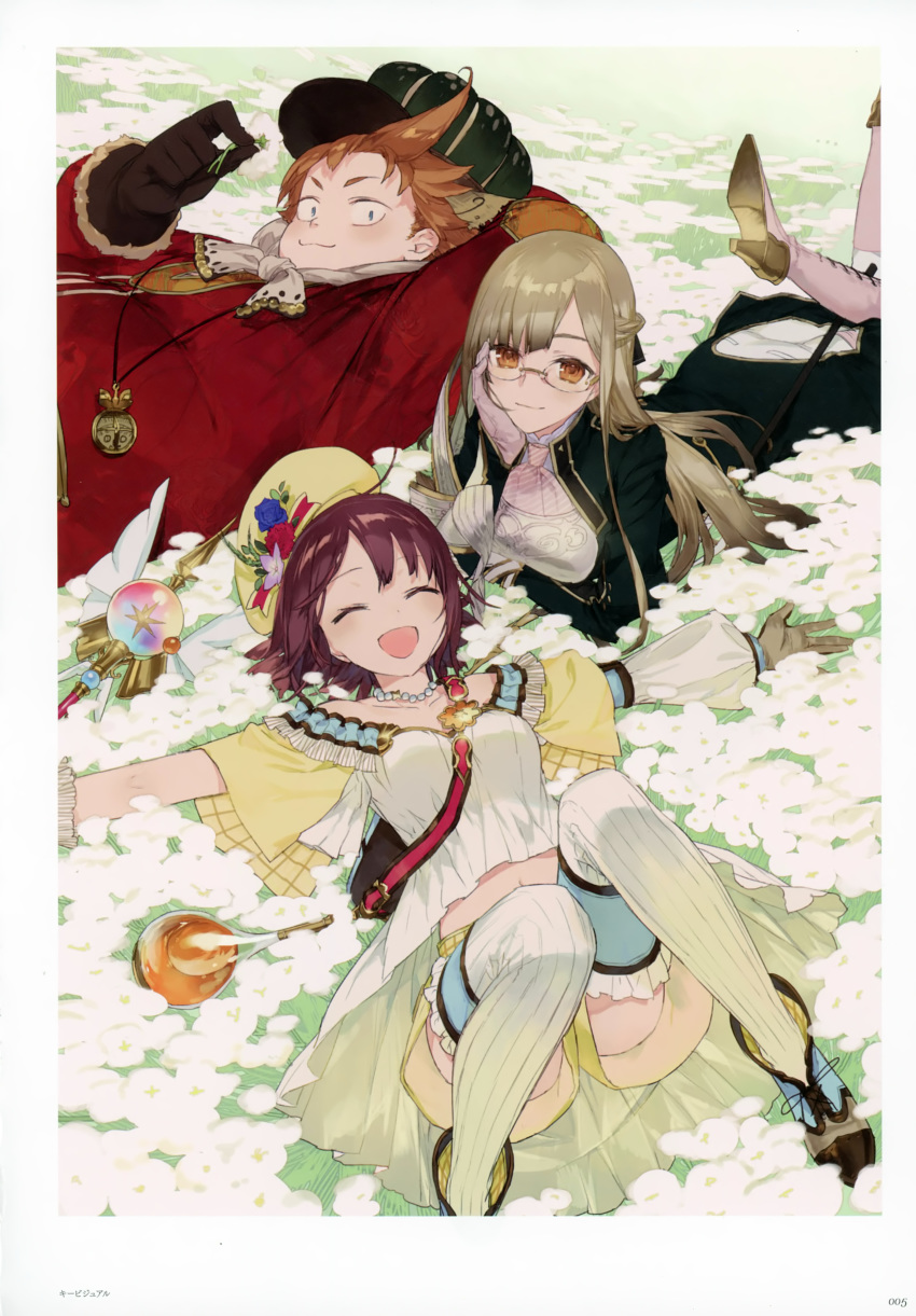 1boy 2girls absurdres atelier_(series) atelier_sophie bare_shoulders blonde_hair blush breasts brown_eyes brown_hair fat flower glasses gloves hair_ornament half_updo hat highres jewelry long_hair looking_at_viewer medium_breasts monika_ellmenreich multiple_girls necklace noco_(adamas) official_art open_mouth oskar_behlmer scan scarf short_hair skirt smile sophie_neuenmuller very_long_hair