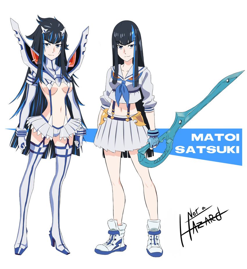 absurdres alternate_universe black_hair blue_eyes blue_hair boots breasts character_name commentary_request crop_top elbow_gloves female fingerless_gloves gloves hairpods highres junketsu kill_la_kill kiryuuin_satsuki long_hair medium_breasts messy_hair midriff multicolored_hair not_a_hazard pleated_skirt revealing_clothes reverse_grip role_reversal school_uniform scissor_blade_(kill_la_kill) serafuku shoes single_glove skirt smile sneakers solo streaked_hair suspenders thick_eyebrows thigh_boots thighhighs two-tone_hair underboob very_long_hair