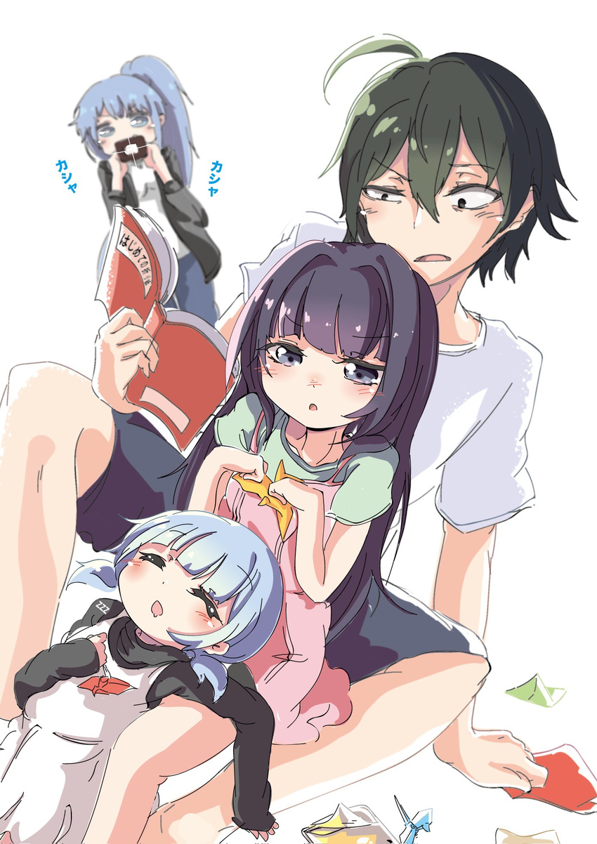 1boy 3girls :o ahoge aloe_(kenkou3733) black_hair blue_hair book boy_and_girl_sandwich camera casual chestnut_mouth commentary_request d: drooling highres hikigaya_hachiman kawasaki_keika kawasaki_saki lolicon long_hair multiple_girls open_mouth origami paper_crane ponytail sandwiched sanpaku shirt shorts sitting sitting_on_lap sitting_on_person sleeping t-shirt tsurumi_rumi yahari_ore_no_seishun_lovecome_wa_machigatteiru.