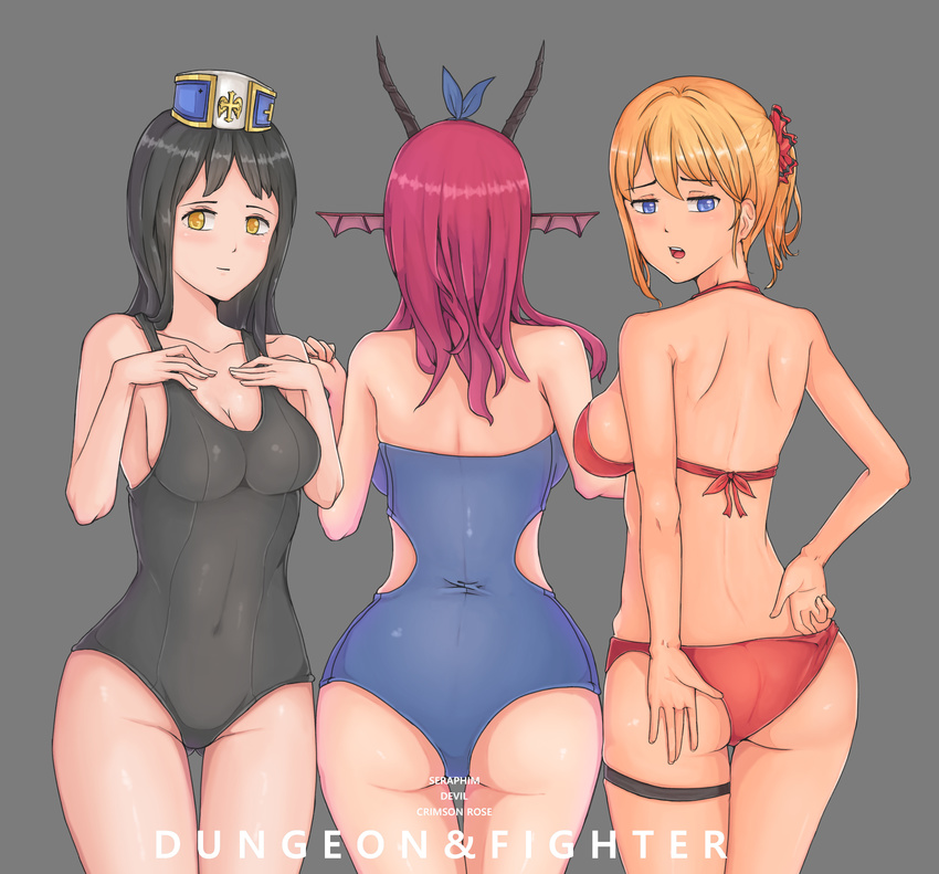 3girls a_re absurdres ass ass_visible_through_thighs back bad_id bad_pixiv_id bare_arms bare_shoulders bikini bikini_pull black_hair black_one-piece_swimsuit blonde_hair blue_bow blue_eyes blue_one-piece_swimsuit bow breasts chaos_(dungeon_and_fighter) character_name cleavage clothes_pull commentary copyright_name covered_navel cowboy_shot demon_horns dungeon_and_fighter eyelashes facing_away female_crusader_(dungeon_and_fighter) female_gunner_(dungeon_and_fighter) female_priest_(dungeon_and_fighter) female_ranger_(dungeon_and_fighter) fins from_behind grey_background hair_ornament hairband hairbow hat head_fins highres horns knight_(dungeon_and_fighter) large_breasts legs_together long_hair looking_at_viewer looking_back multiple_girls one-piece_swimsuit ponytail pulling_own_clothes red_bikini red_bow red_hair school_swimsuit short_hair shoulder_blades sideboob simple_background skindentation smile standing strapless strapless_one-piece_swimsuit swimsuit thigh_gap yellow_eyes