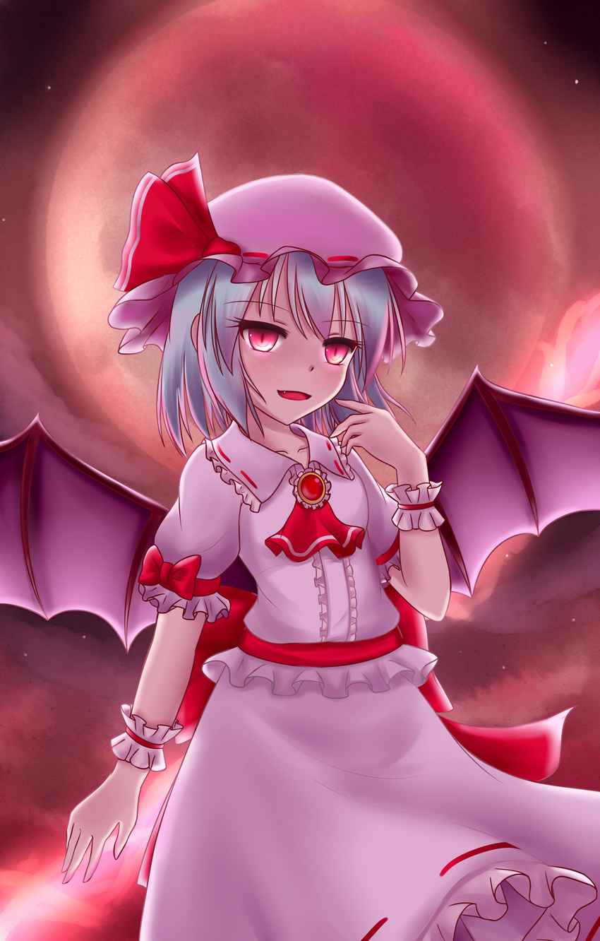 absurdres ascot bad_id bad_pixiv_id bat_wings blue_hair bow brooch commentary dior-zi female full_moon hand_up hat hat_ribbon highres jewelry looking_at_viewer mob_cap moon oerba_yun_fang open_mouth outdoors red_eyes red_moon remilia_scarlet ribbon short_hair short_sleeves skirt skirt_set solo star_(sky) touhou wings wrist_cuffs