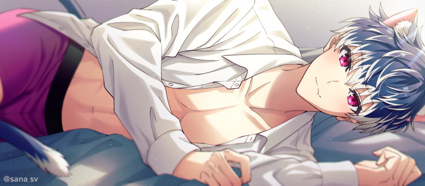 1boy abs animal_ears blue_hair cat_boy cat_ears cat_tail closed_mouth highres idolish7 male_focus male_underwear midriff momo_(idolish7) multicolored_hair muscular muscular_male navel open_clothes open_shirt pink_eyes purple_male_underwear sana423 shirt short_hair solo stomach streaked_hair tail underwear white_hair white_shirt