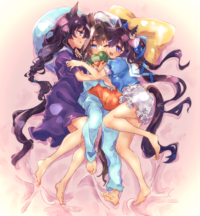 3girls :3 ;d alternate_costume alternate_hairstyle animal_ears barefoot black_hair blue_ribbon braid brown_hair cheval_grand_(umamusume) full_body hair_between_eyes hair_ribbon highres horse_ears horse_girl horse_tail long_hair lying mihasame multicolored_hair multiple_girls official_alternate_costume official_alternate_hairstyle on_back on_side one_eye_closed pajamas ribbon short_hair siblings single_braid sisters smile streaked_hair tail tail_through_clothes twintails umamusume v_sisters verxina_(umamusume) vivlos_(umamusume) white_hair white_headwear