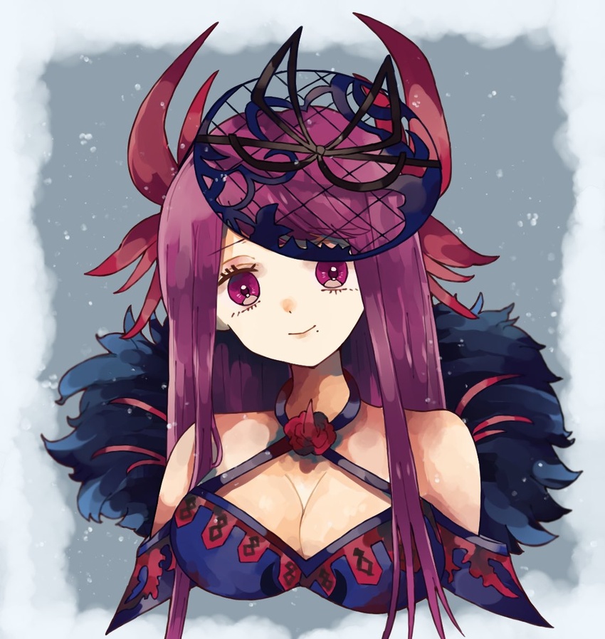 border breasts cleavage commentary_request cropped_torso eyelashes fascinator female fire_emblem fire_emblem_engage grey_background grey_border halterneck head_tilt ivy_(fire_emblem) large_breasts long_hair looking_at_viewer mole mole_under_mouth outside_border purple_eyes purple_hair simple_background smile solo upper_body vianchiel