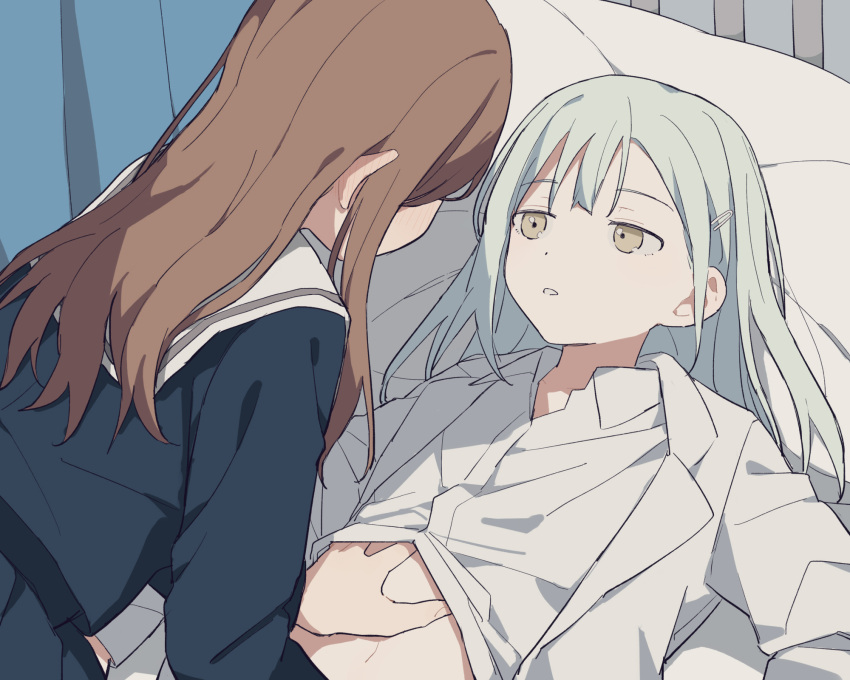 2girls bang_dream! bang_dream!_it's_mygo!!!!! blue_serafuku blue_shirt blue_skirt blush brown_hair coldcat. collared_shirt commentary dress_shirt ear_blush green_hair hair_ornament hairclip hand_on_another's_stomach highres jacket long_hair long_sleeves lying midriff multiple_girls nagasaki_soyo navel on_back on_bed open_clothes open_jacket parted_lips pleated_skirt sailor_collar school_uniform serafuku shirt sidelocks skirt stomach tsukinomori_school_uniform wakaba_mutsumi white_jacket white_sailor_collar white_shirt yellow_eyes yuri