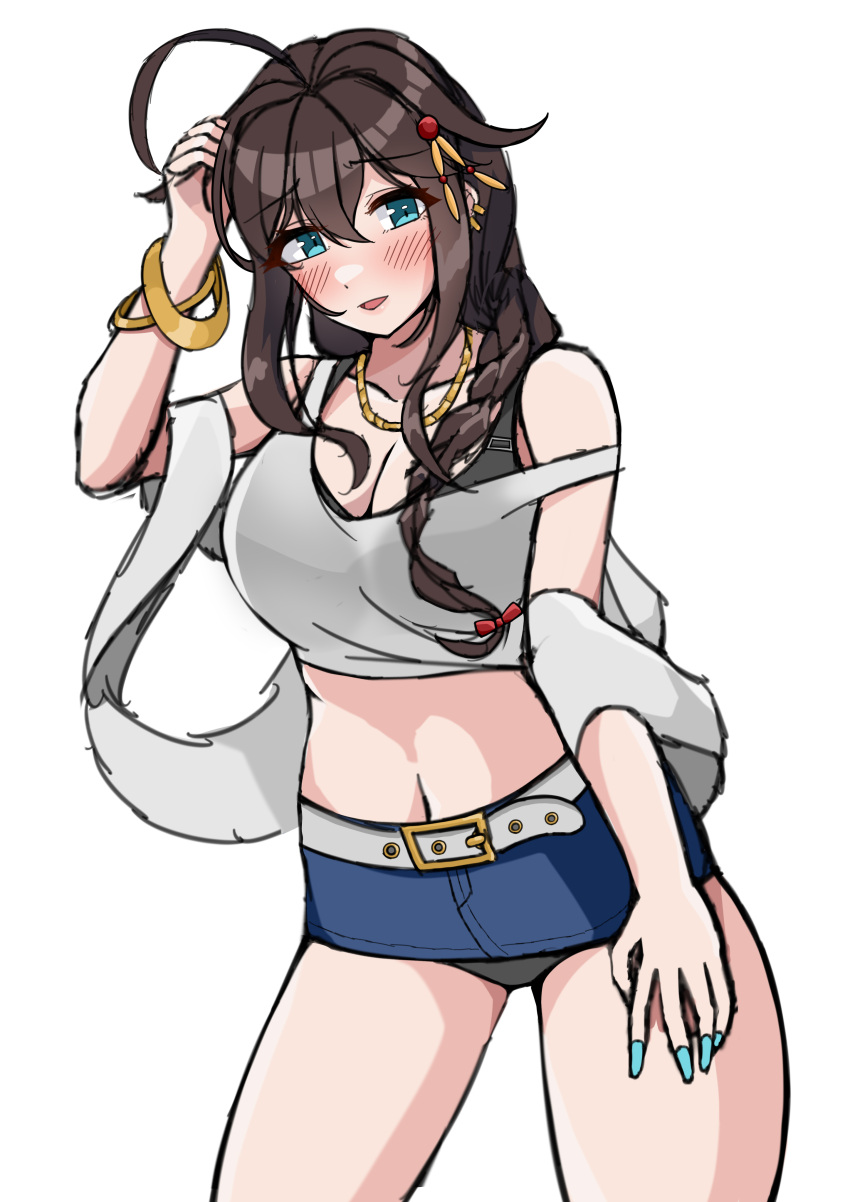 absurdres ahoge alternate_costume belt black_hair black_panties blue_eyes blue_skirt bracelet braid breasts cleavage crop_top female hair_flaps hair_ornament hair_over_shoulder has_bad_revision has_downscaled_revision highres jewelry kantai_collection large_breasts layered_shirt long_hair looking_at_viewer md5_mismatch midriff otobi panties resolution_mismatch shawl shigure_(kancolle) shigure_kai_ni_(kancolle) single_braid skirt solo source_smaller strap_slip underwear white_belt white_shawl