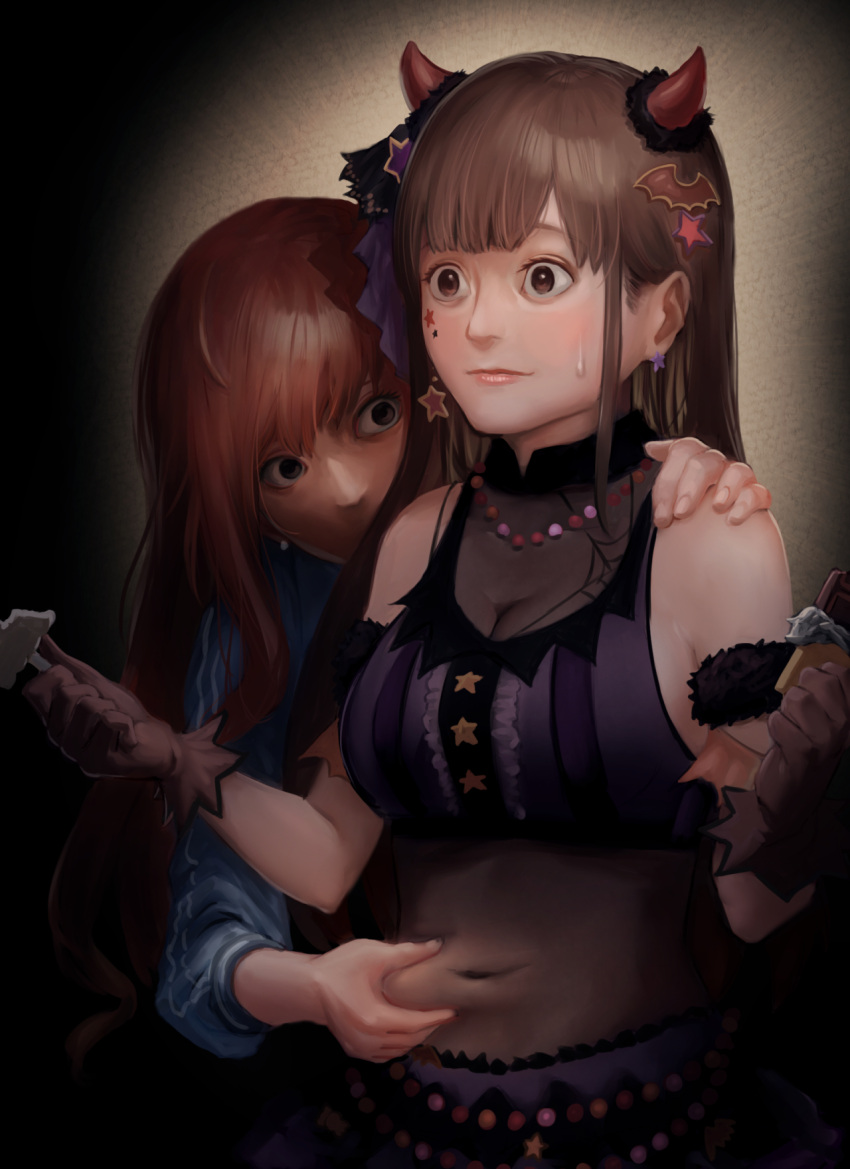 2girls ahoge arisugawa_natsuha arm_garter bare_shoulders bat_hair_ornament bead_necklace beads belly_chain belly_grab black_background black_eyes black_ribbon blue_jacket blush bow breasts brown_eyes brown_gloves brown_hair chocolate cleavage closed_mouth commentary crop_top cropped_shirt crypthiyama demon_horns earrings facial_mark fake_horns food gloves hair_ornament hair_ribbon hairbow hand_on_another's_shoulder hands_up highres holding holding_chocolate holding_food horns idolmaster idolmaster_shiny_colors jacket jewelry large_breasts long_hair long_sleeves looking_at_another multiple_girls necklace orange_hair purple_ribbon purple_shirt ribbon see-through see-through_cleavage shirt sonoda_chiyoko spider_web_print star_(symbol) star_earrings star_facial_mark star_hair_ornament sweatdrop swept_bangs track_jacket