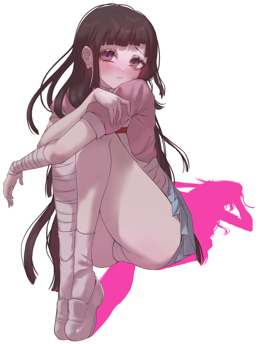 absurdres ass bandaged_arm bandaged_leg bandages blush brown_hair closed_mouth danganronpa_(series) danganronpa_2:_goodbye_despair female highres long_hair mi_loveyouuu mole mole_under_eye panties pink_eyes pink_shirt pleated_skirt puffy_short_sleeves puffy_sleeves shiny_skin shirt shoes short_sleeves skirt socks solo tears tsumiki_mikan underwear white_panties