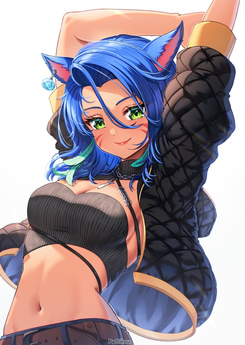 animal_ears arms_up belt black_jacket blue_hair breasts brown_belt cat_ears cleavage commentary crop_top facial_mark female final_fantasy final_fantasy_xiv green_eyes hair_between_eyes highres jacket looking_at_viewer medium_breasts medium_hair midriff miqo'te navel open_clothes open_jacket pattikou pink_lips short_sleeves smile solo stomach upper_body warrior_of_light_(ff14) whisker_markings